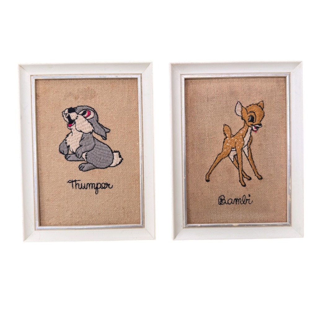 Vintage Disney Bambi Thumper Embroidered Art Set Hopsack Wall Decor EPIC Inc